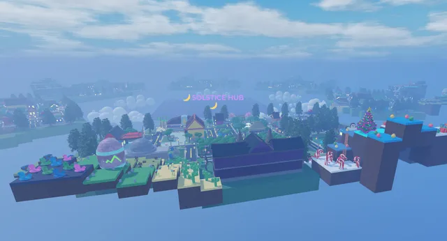 SOLSTICE: the town center from above, sky islands beyond